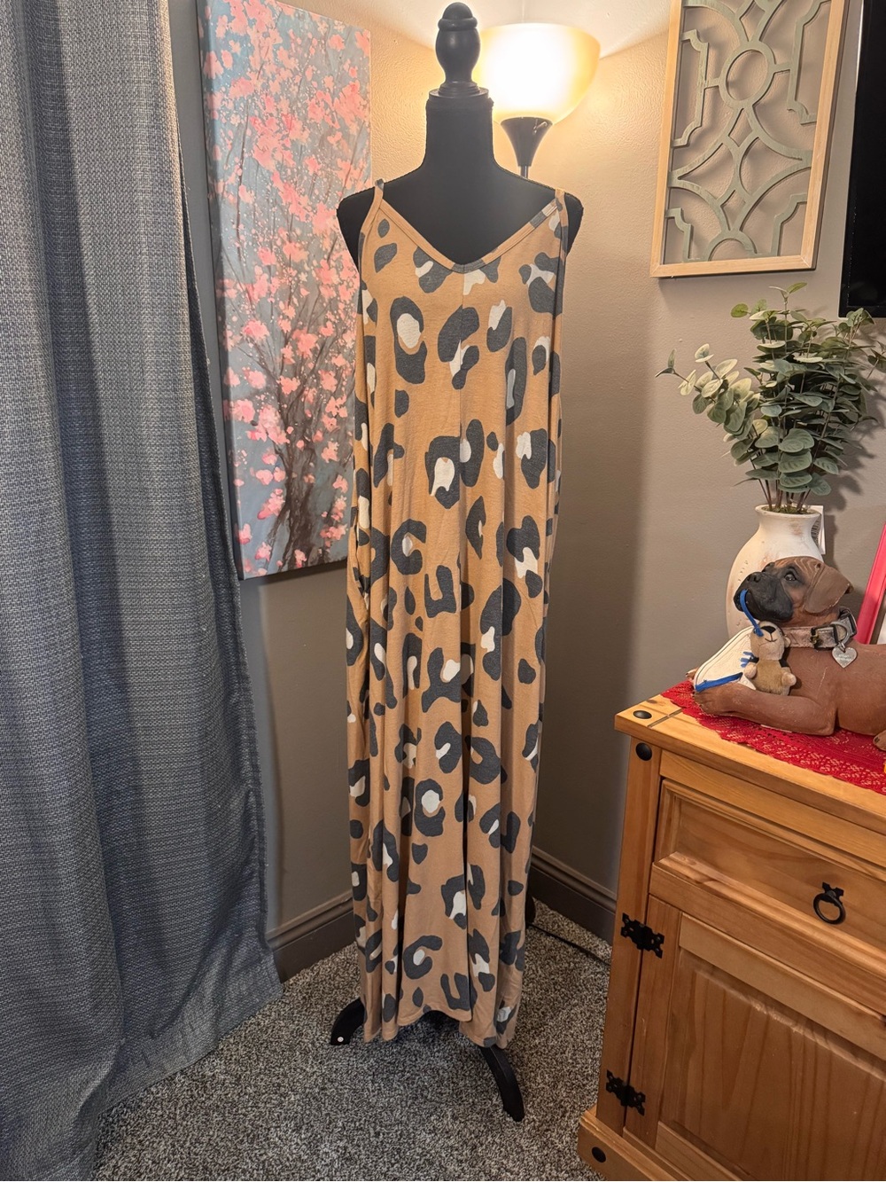 Zenana Cheetah Print Spaghetti Strap Maxi Dress in Camel & Gray